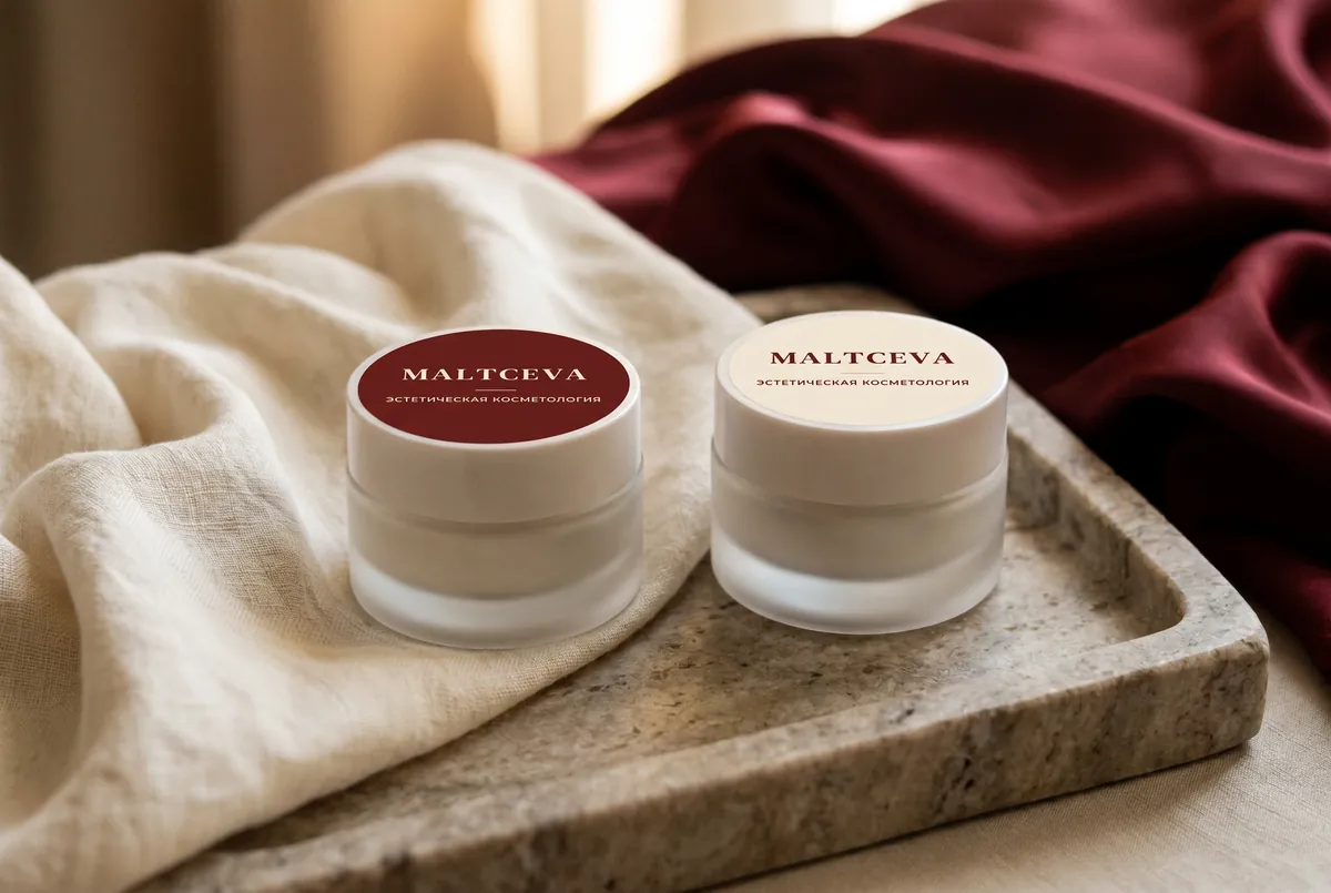 Банки уходовой косметики с фирменными этикетками MALTCEVA