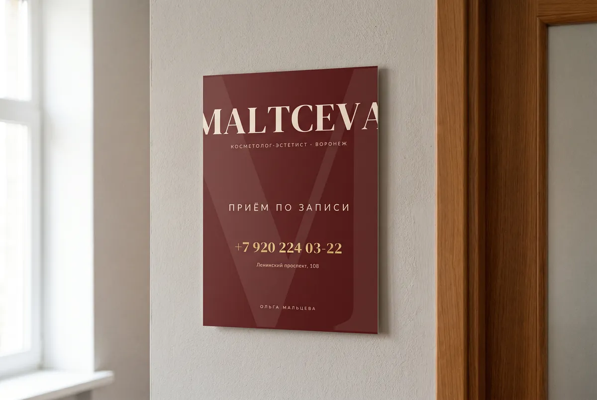Стеклянная табличка MALTCEVA у двери кабинета